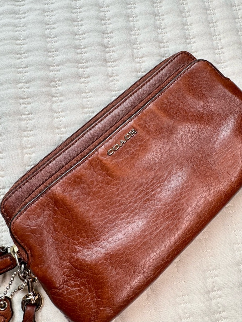 Coach Redwood Brown Pebbled Leather Double Zipper Wallet Wristlet - Picture 2 of 9